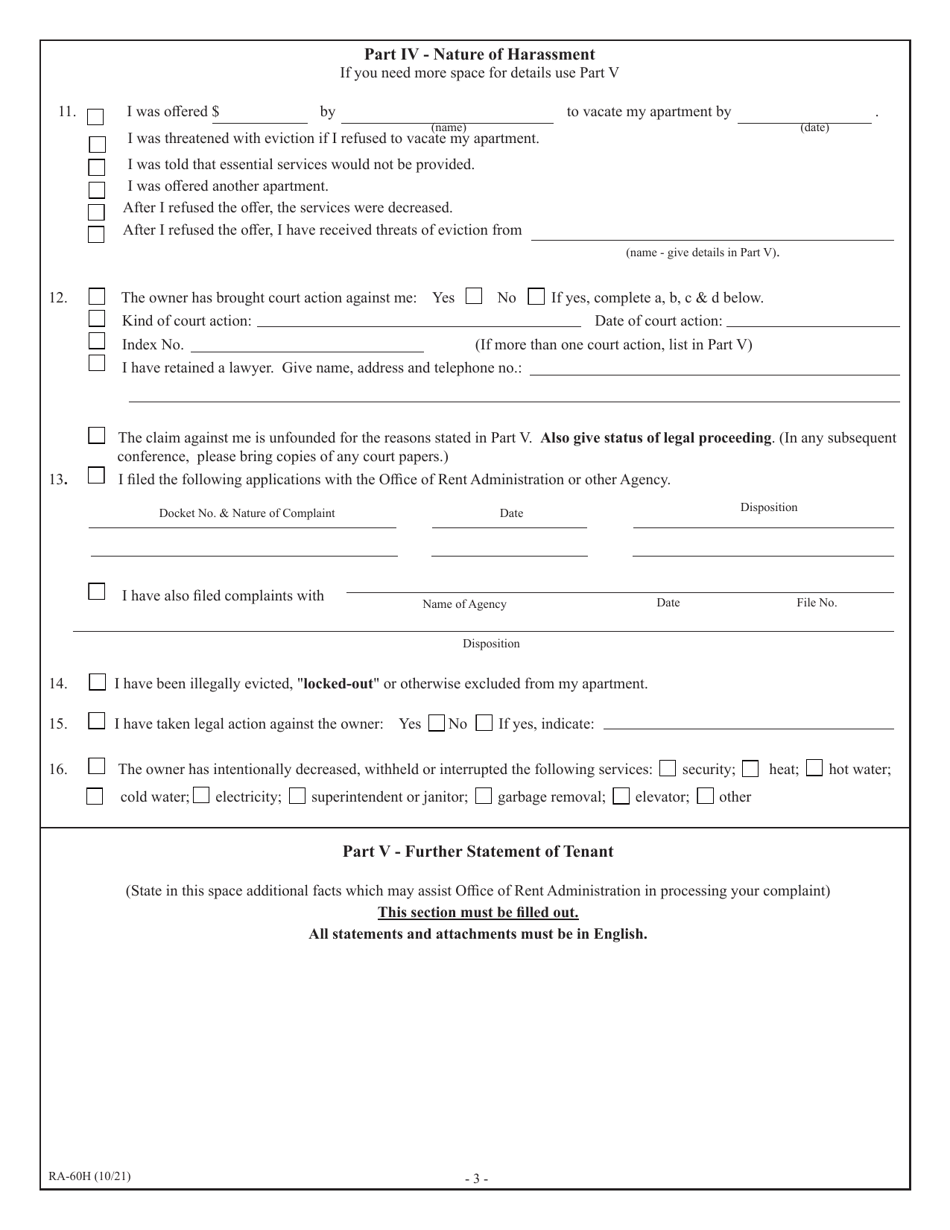 Form RA-60H Tenants Statement of Complaint(S) - Harassment - New York, Page 3