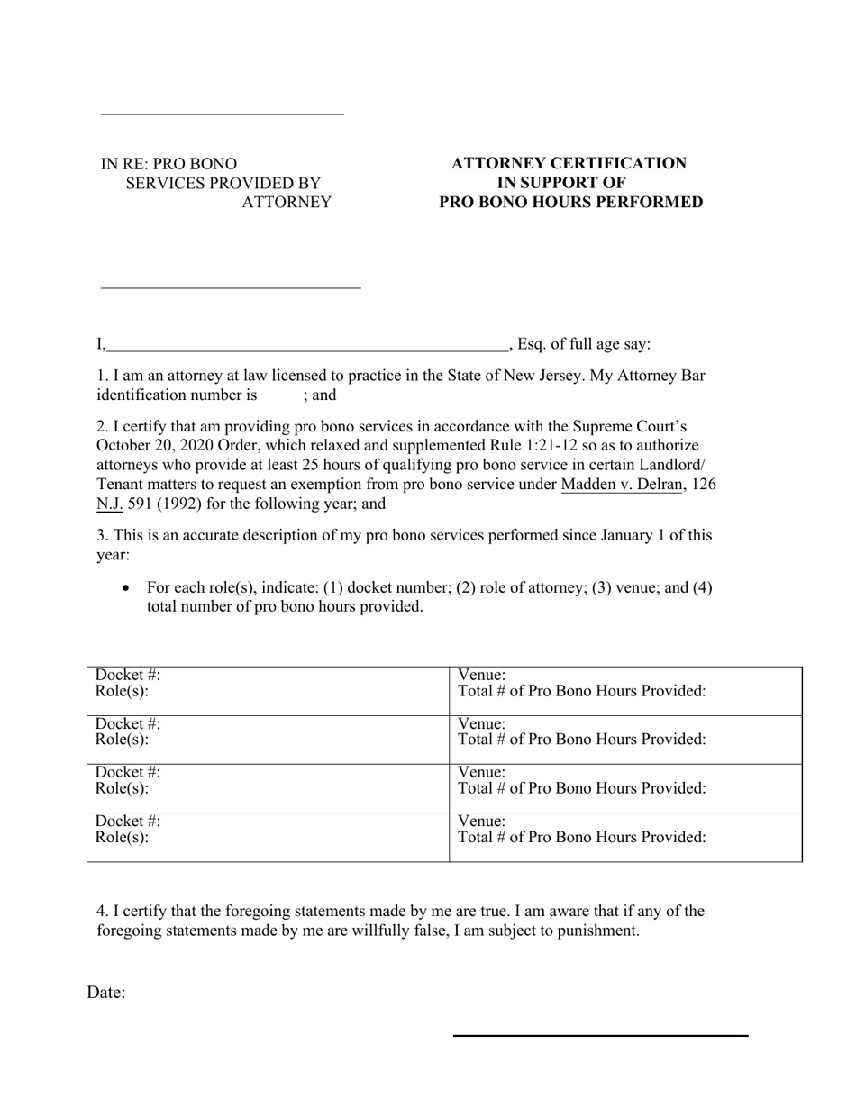 New Jersey Attorney Certification in Support of Pro Bono Hours Performed Fill Out, Sign Online
