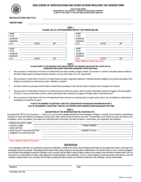 Disclosure of Investigations and Other Actions Involving the Vendor Form - New Jersey