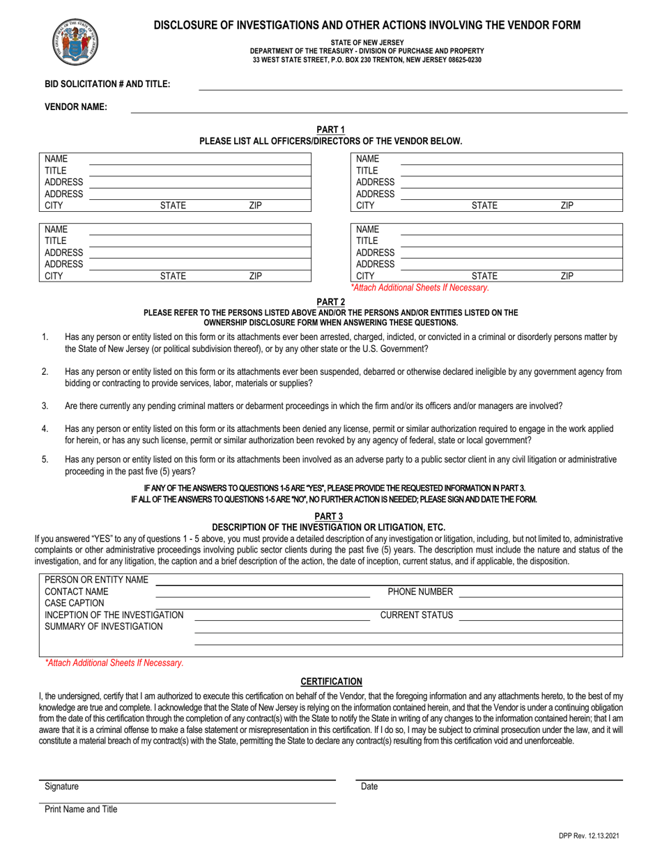 Disclosure of Investigations and Other Actions Involving the Vendor Form - New Jersey, Page 1