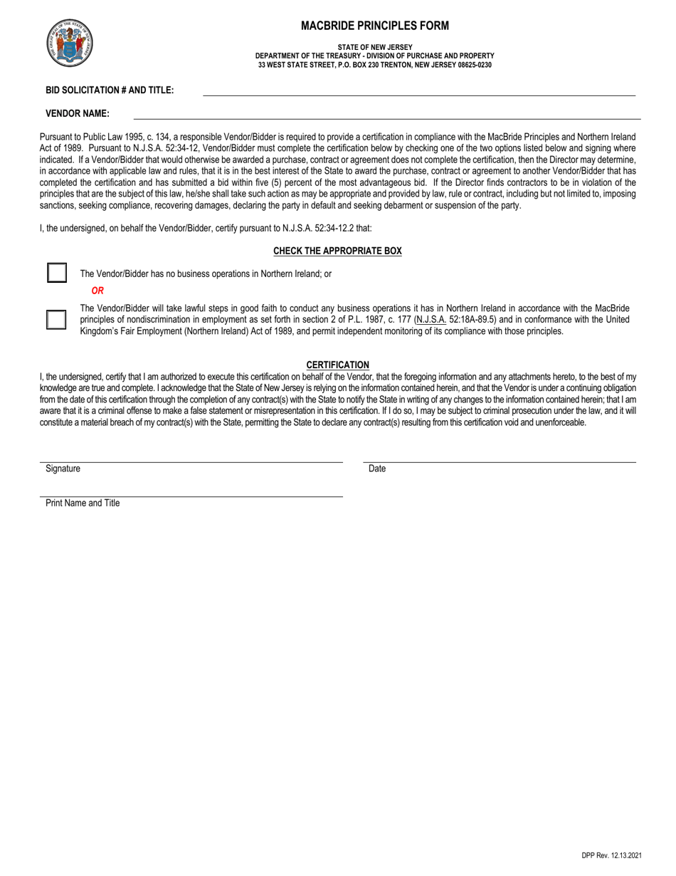 Macbride Principles Form - New Jersey, Page 1