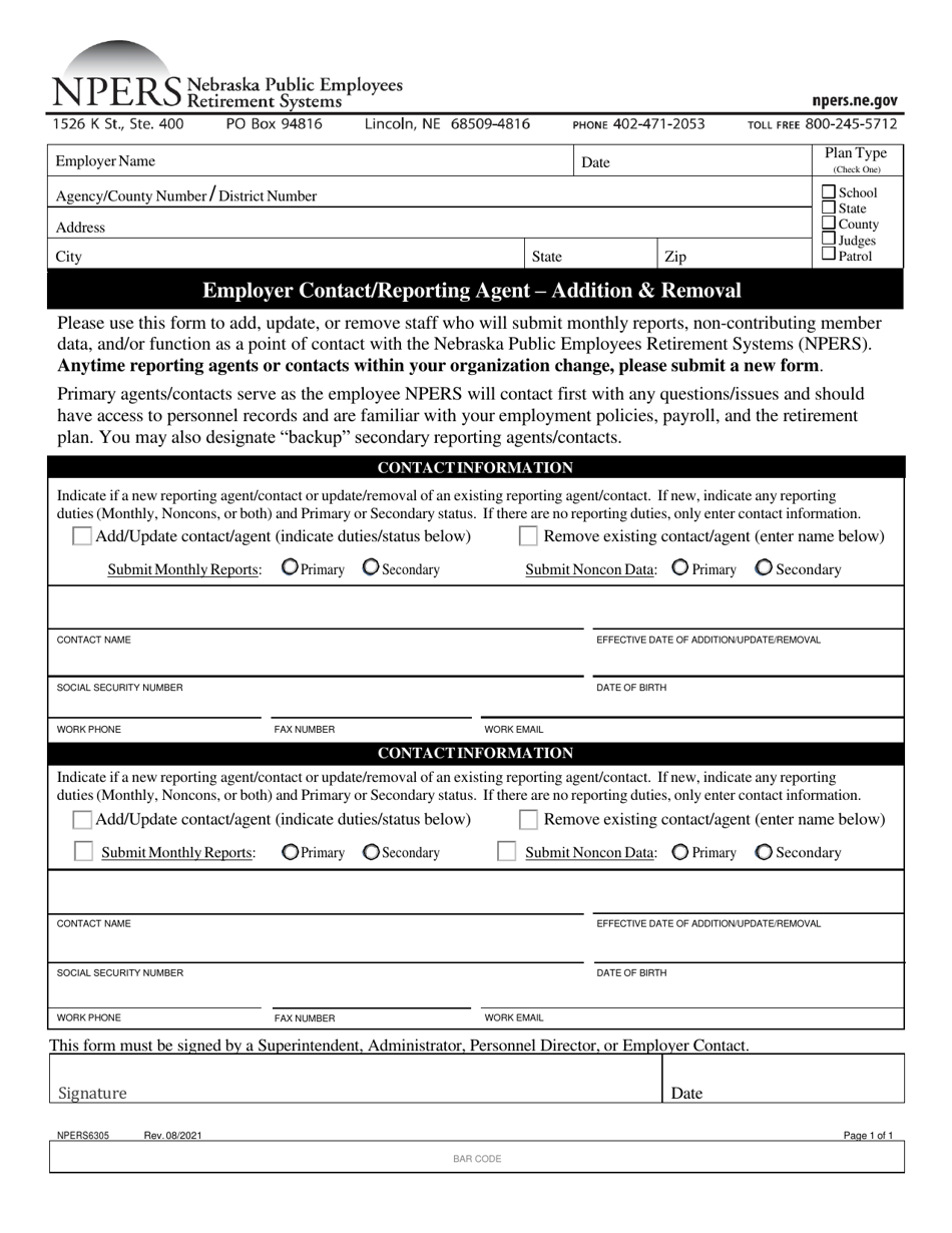 Form NPERS6305 Employer Contact / Reporting Agent - Addition  Removal - Nebraska, Page 1