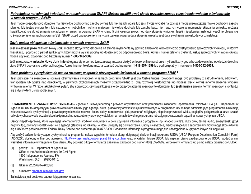 Form LDSS-4826 Application / Recertification - Supplemental Nutrition Assistance Program (Snap) - New York (Polish), Page 2