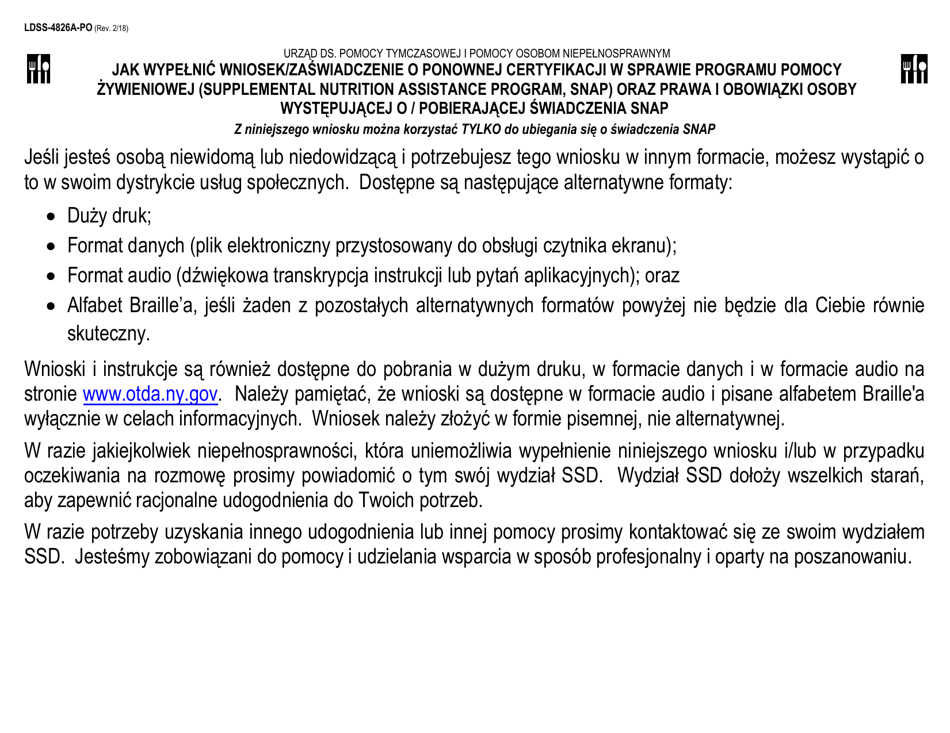 Instructions for Form LDSS-4826 Application / Recertification - Supplemental Nutrition Assistance Program (Snap) - New York (Polish), Page 1