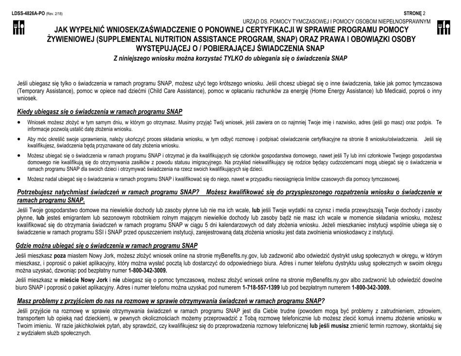 Instructions for Form LDSS-4826 Application / Recertification - Supplemental Nutrition Assistance Program (Snap) - New York (Polish), Page 2