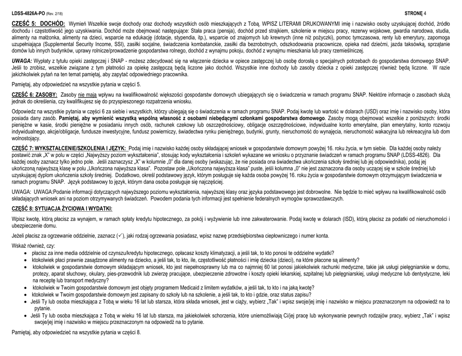 Instructions for Form LDSS-4826 Application / Recertification - Supplemental Nutrition Assistance Program (Snap) - New York (Polish), Page 4