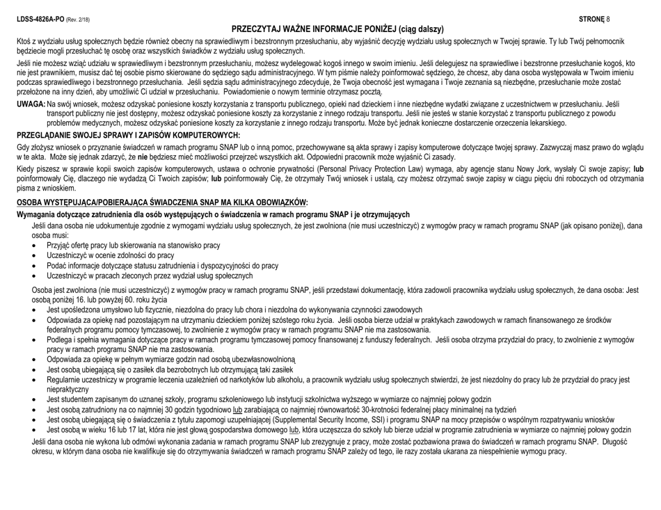 Instructions for Form LDSS-4826 Application / Recertification - Supplemental Nutrition Assistance Program (Snap) - New York (Polish), Page 8