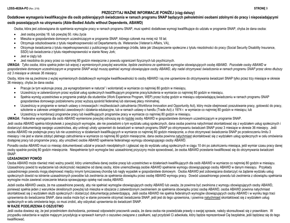 Instructions for Form LDSS-4826 Application / Recertification - Supplemental Nutrition Assistance Program (Snap) - New York (Polish), Page 9