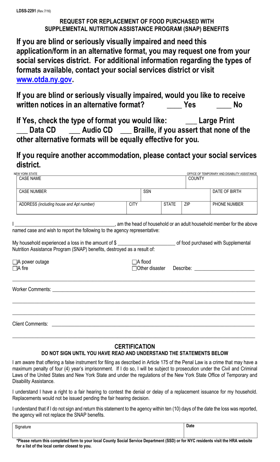 Form LDSS-2291 Request for Replacement of Food Purchased With Supplemental Nutrition Assistance Program (Snap) Benefits - New York (English / Polish), Page 1