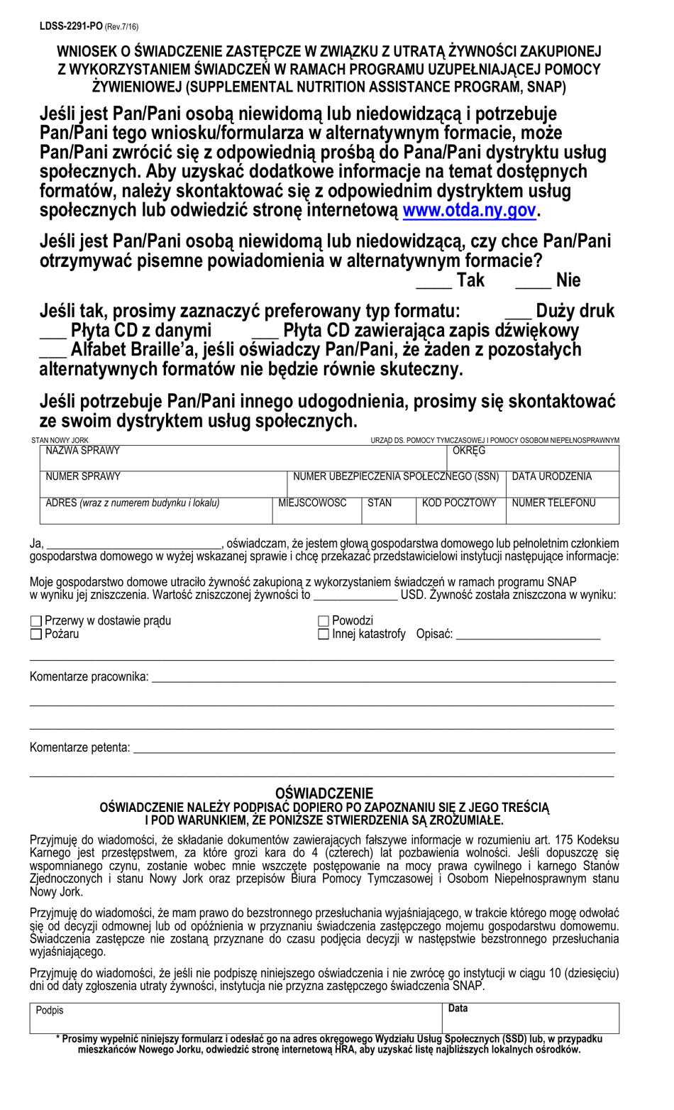 Form LDSS-2291 Request for Replacement of Food Purchased With Supplemental Nutrition Assistance Program (Snap) Benefits - New York (English / Polish), Page 2