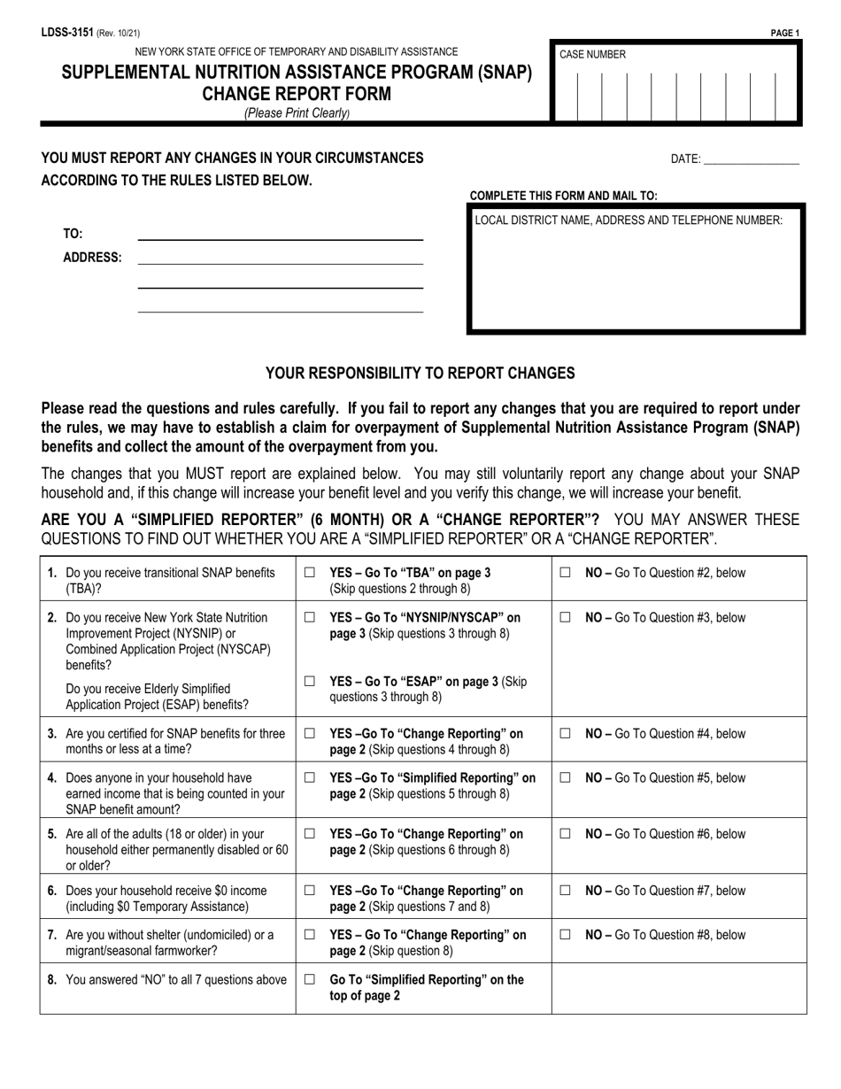 Form LDSS-3151 Supplemental Nutrition Assistance Program (Snap) Change Report Form - New York, Page 1