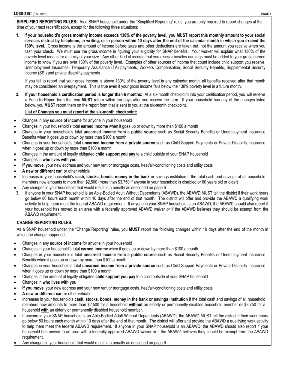 Form LDSS-3151 Supplemental Nutrition Assistance Program (Snap) Change Report Form - New York, Page 2