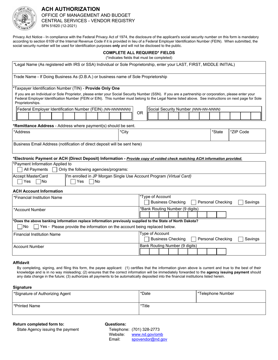Form SFN51620 ACH Authorization - North Dakota, Page 1