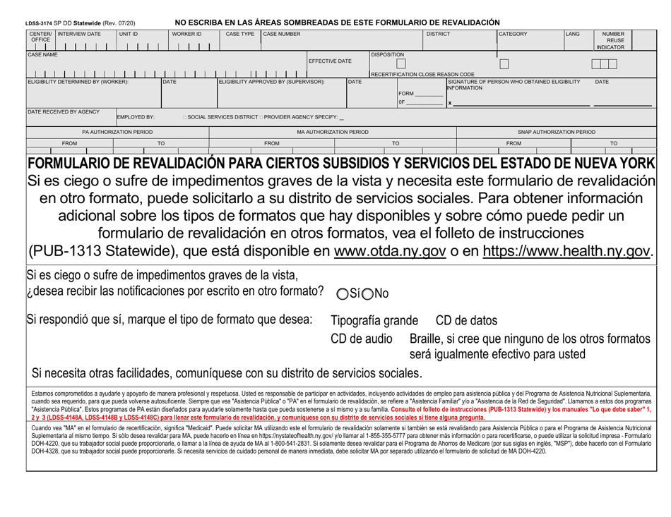 Formulario LDSS-3174 Formulario De Revalidacion Para Ciertos Subsidios Y Servicios Del Estado De Nueva York - New York (Spanish), Page 1
