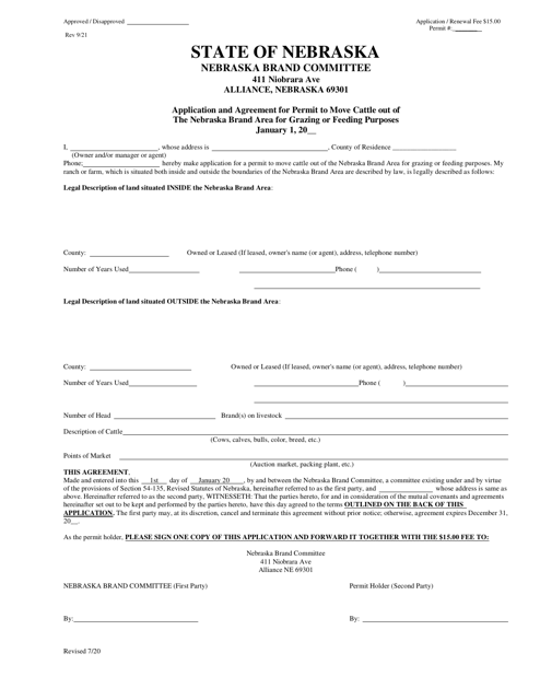 Application and Agreement for Permit to Move Cattle out of the Nebraska Brand Area for Grazing or Feeding Purposes - Nebraska