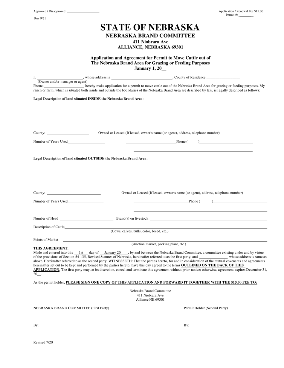 Application and Agreement for Permit to Move Cattle out of the Nebraska Brand Area for Grazing or Feeding Purposes - Nebraska, Page 1
