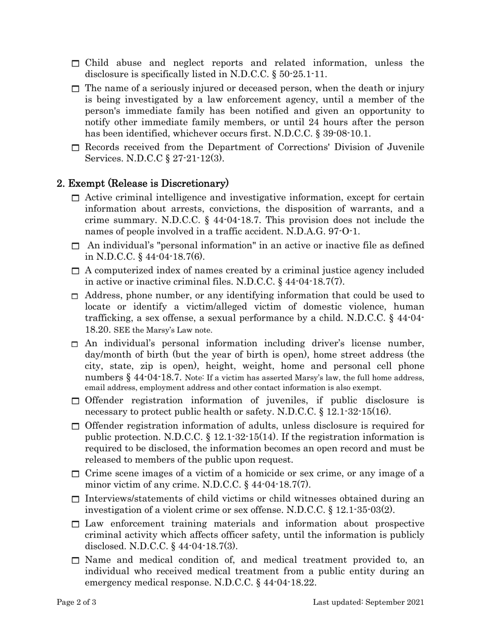 Checklist for Law Enforcement Agencies Use in Responding to an Open Records Request - North Dakota, Page 2