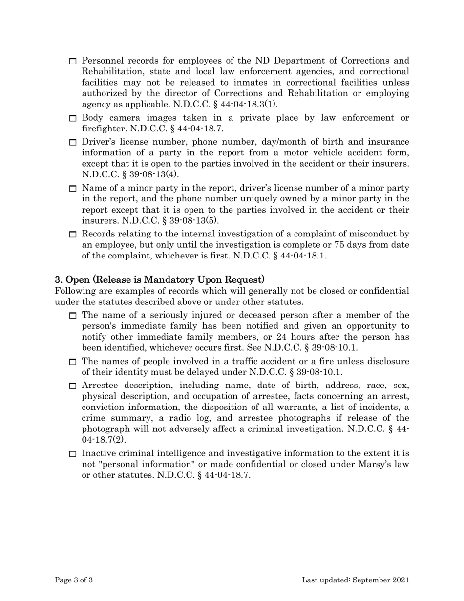 Checklist for Law Enforcement Agencies Use in Responding to an Open Records Request - North Dakota, Page 3
