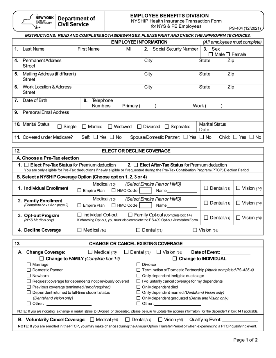 Form PS-404 Health Insurance Transaction Form for NYS  Pe Employees - New York, Page 1