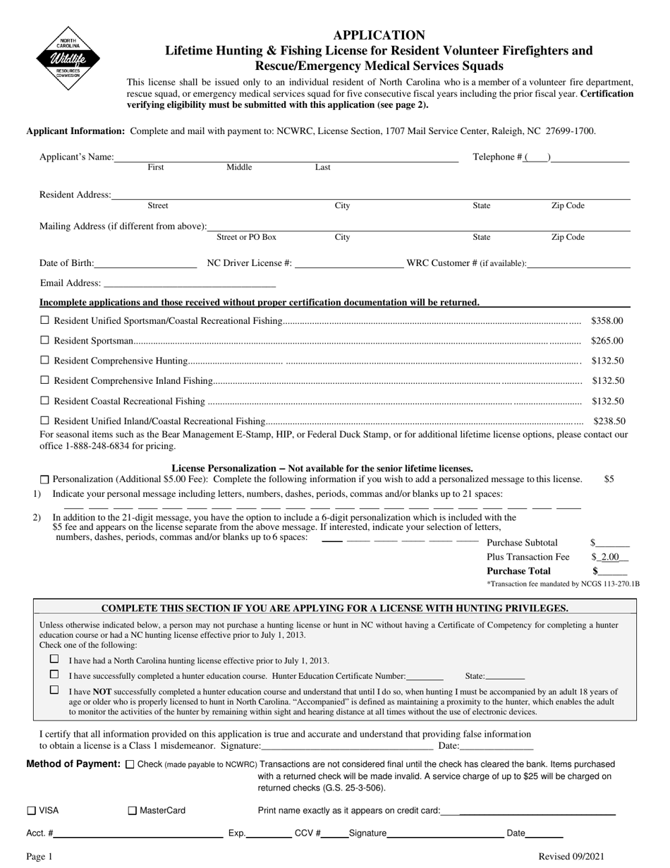 Application for Lifetime Hunting  Fishing License for Resident Volunteer Firefighters and Rescue / Emergency Medical Services Squads - North Carolina, Page 1