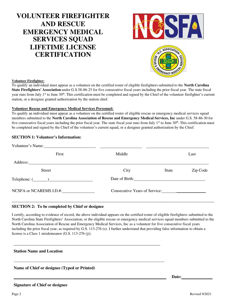 North Carolina Application for Lifetime Hunting & Fishing License for Resident Volunteer