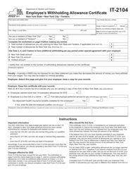 Form IT-2104 &quot;Employee's Withholding Allowance Certificate&quot; - New York, 2022