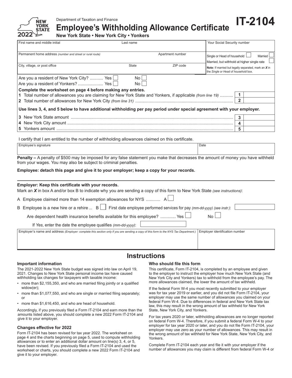 Form IT-2104 Employees Withholding Allowance Certificate - New York, Page 1