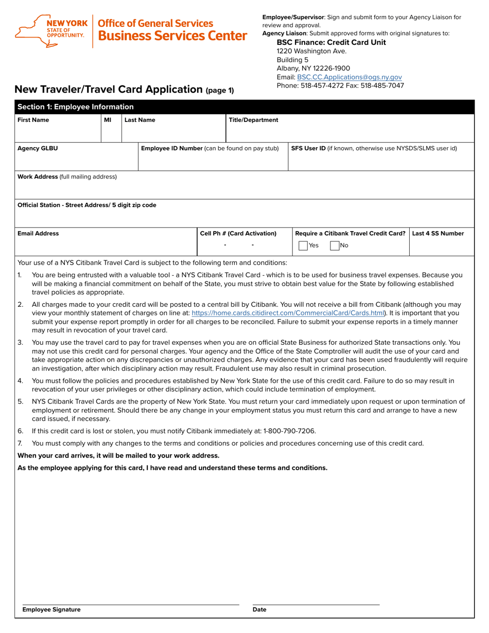 New Traveler / Travel Card Application - New York, Page 1
