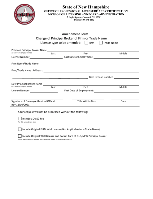 Amendment Form - Change of Principal Broker of Firm or Trade Name - New Hampshire Download Pdf