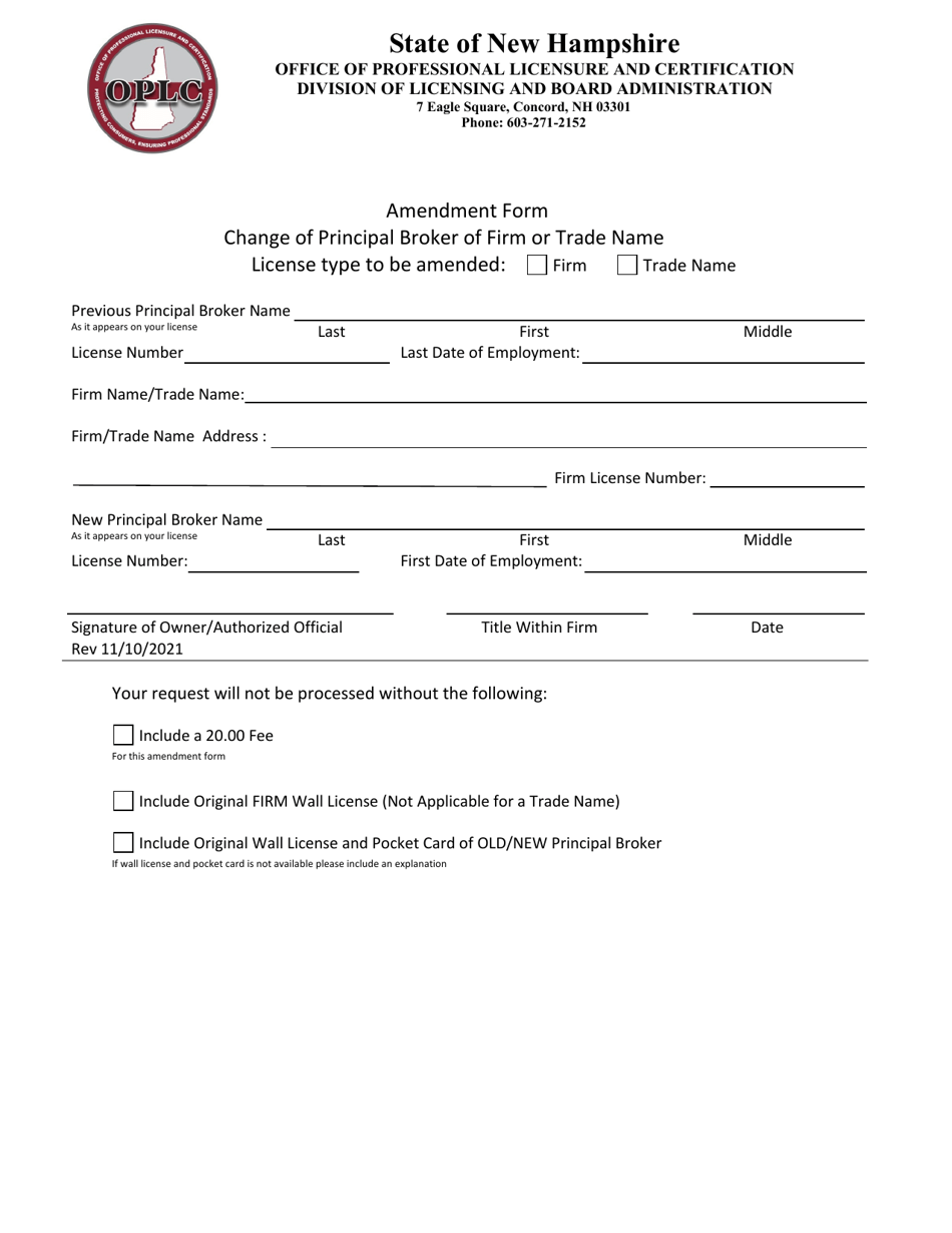 Amendment Form - Change of Principal Broker of Firm or Trade Name - New Hampshire, Page 1
