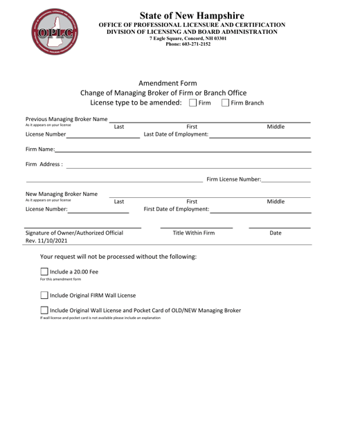 Amendment Form - Change of Managing Broker of Firm or Branch Office - New Hampshire Download Pdf