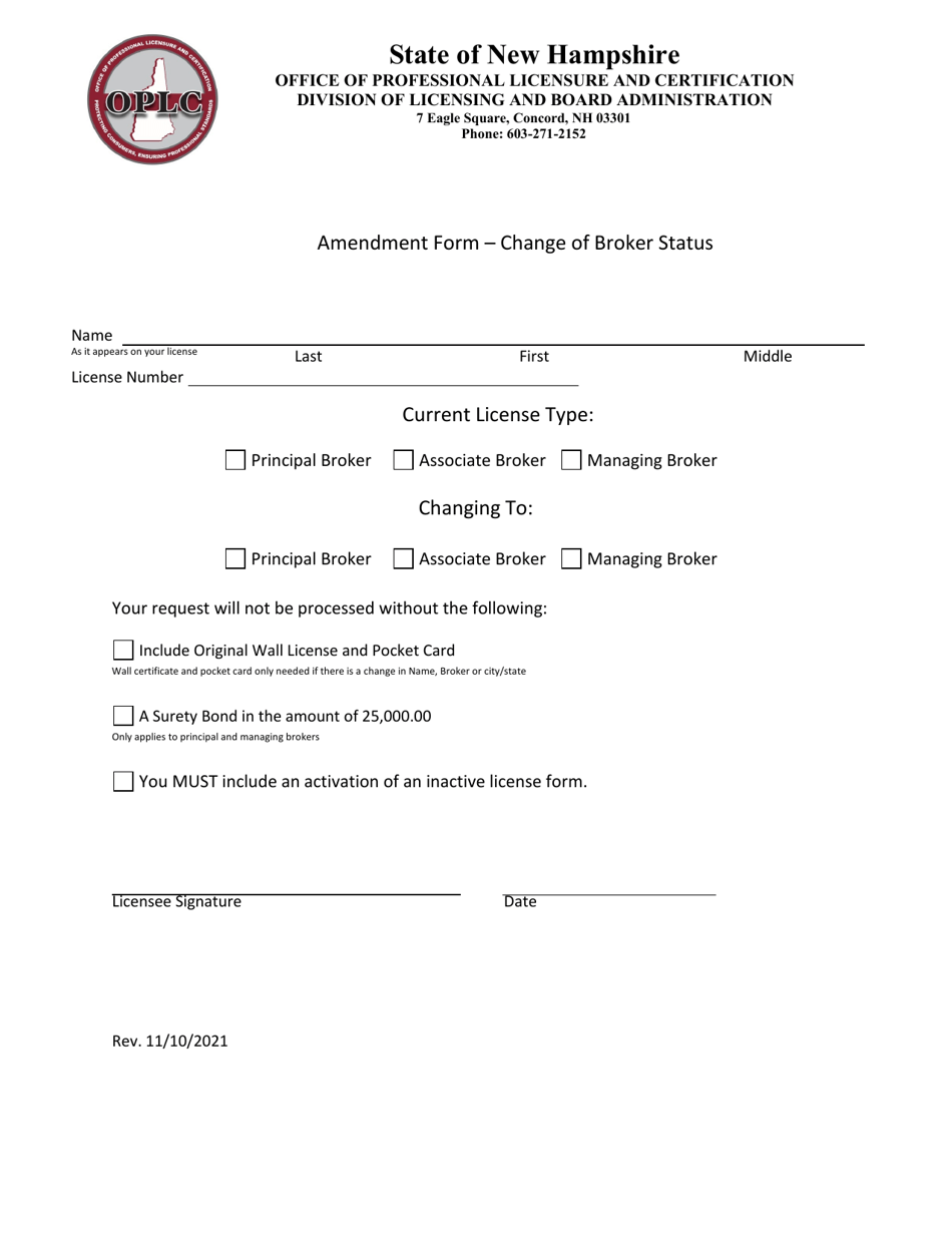 Amendment Form - Change of Broker Status - New Hampshire, Page 1