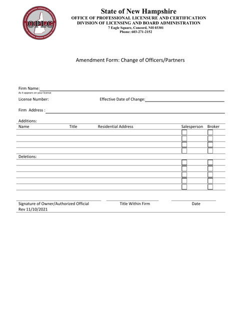 Amendment Form: Change of Officers / Partners - New Hampshire Download Pdf