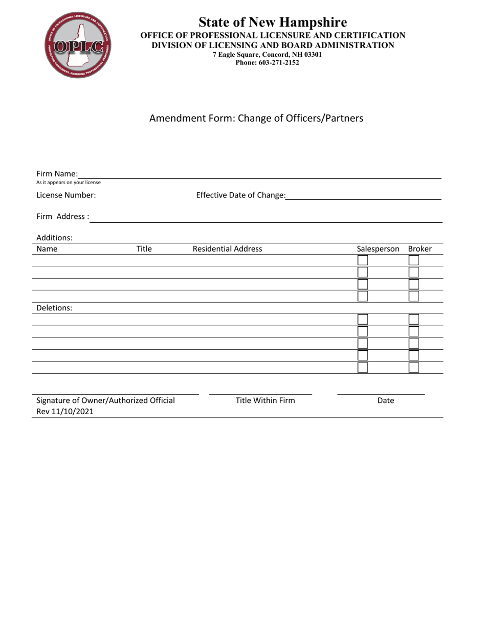 Amendment Form: Change of Officers / Partners - New Hampshire, Page 1