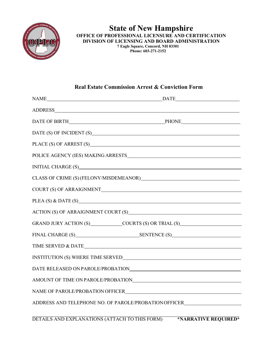 New Hampshire Real Estate Commission Arrest & Conviction Form Fill