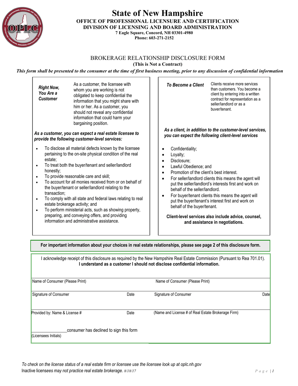 Brokerage Relationship Disclosure Form - New Hampshire, Page 1
