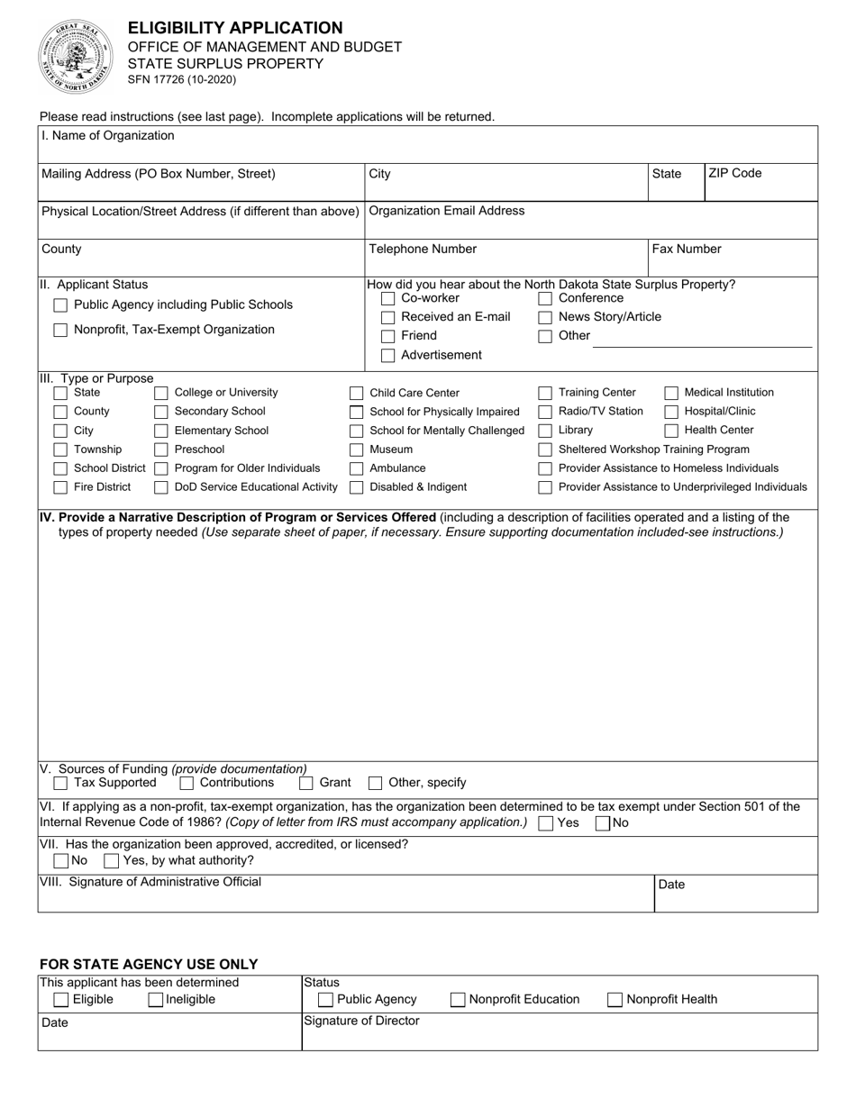 Form SFN17726 Eligibility Application - North Dakota, Page 1