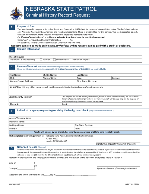 Form NSP752 Criminal History Record Request - Nebraska