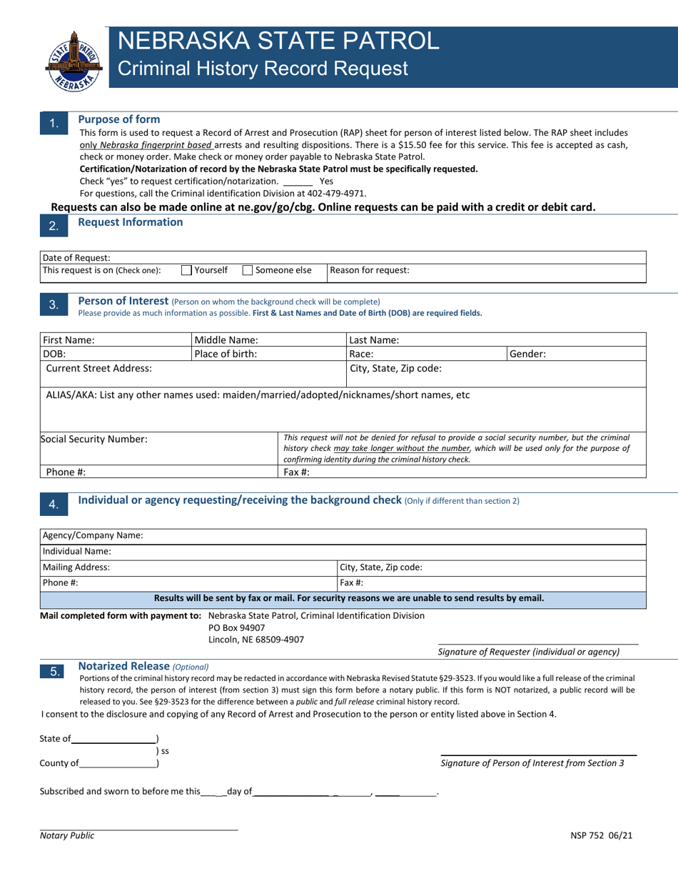 Form NSP752 Criminal History Record Request - Nebraska, Page 1