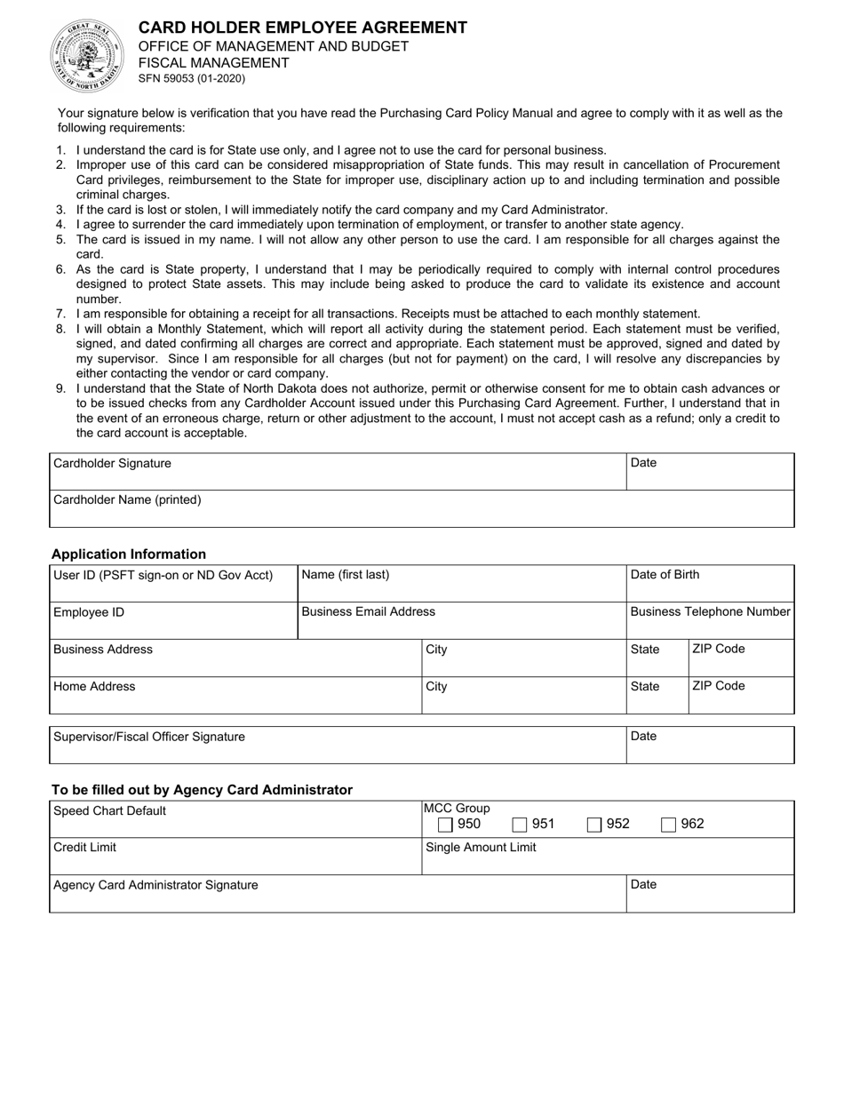 Form SFN59053 Card Holder Employee Agreement - North Dakota, Page 1