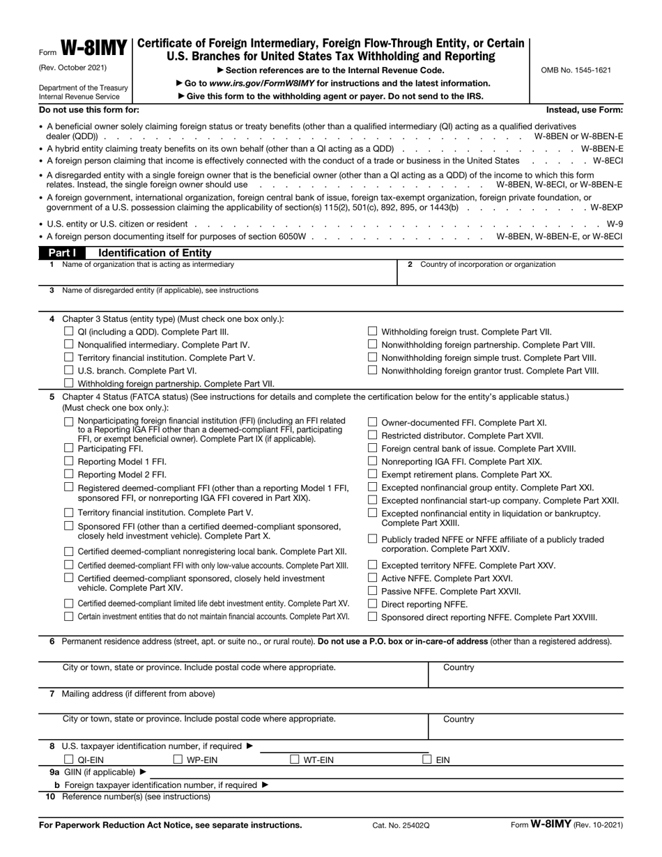 IRS Form W-8IMY Certificate of Foreign Intermediary, Foreign Flow-Through Entity, or Certain U.S. Branches for United States Tax Withholding and Reporting, Page 1
