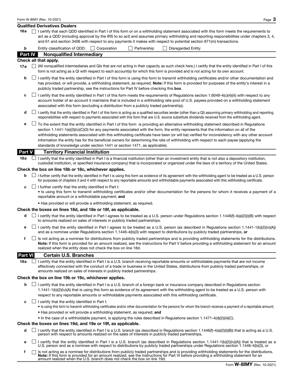 IRS Form W-8IMY Certificate of Foreign Intermediary, Foreign Flow-Through Entity, or Certain U.S. Branches for United States Tax Withholding and Reporting, Page 3