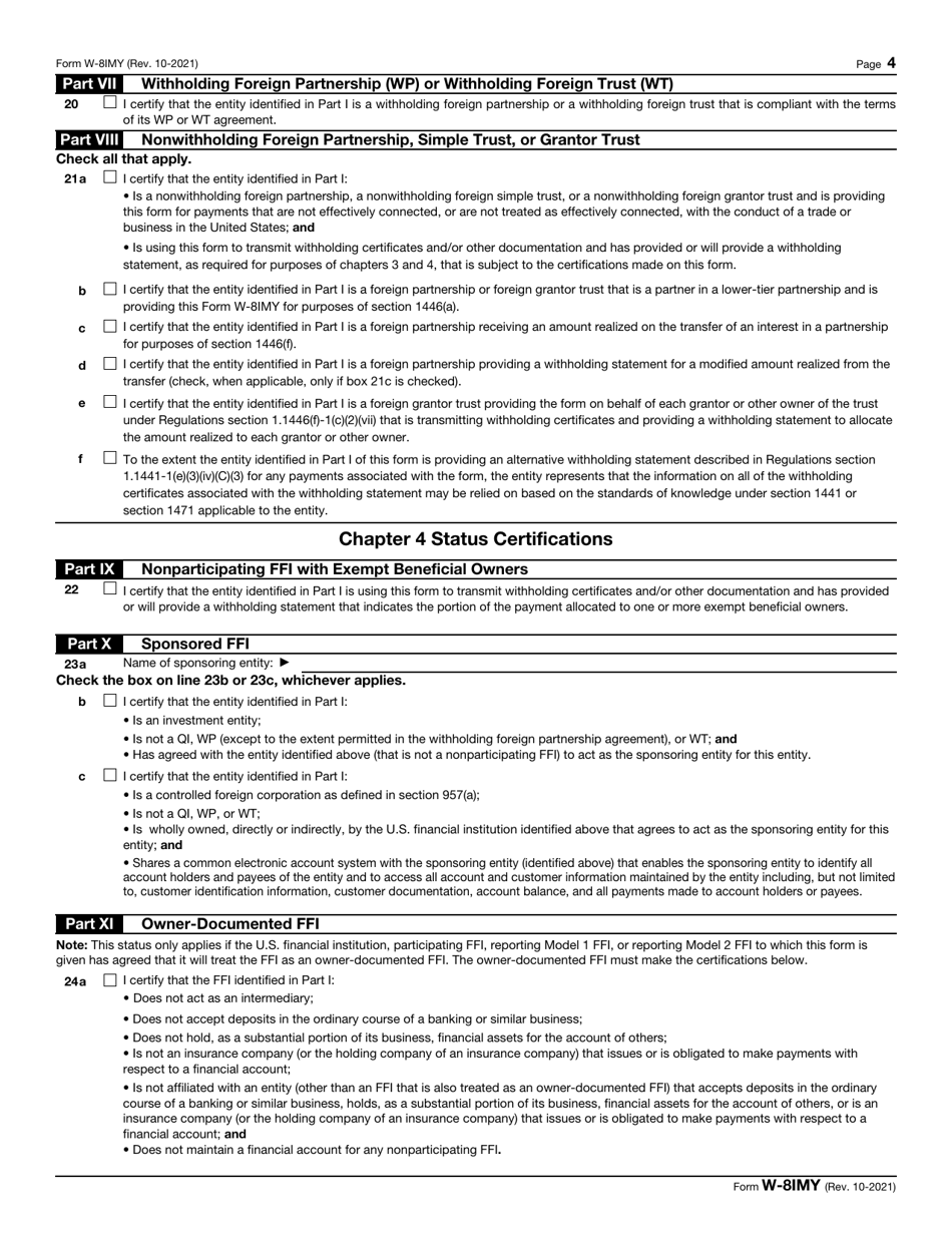 IRS Form W-8IMY Certificate of Foreign Intermediary, Foreign Flow-Through Entity, or Certain U.S. Branches for United States Tax Withholding and Reporting, Page 4