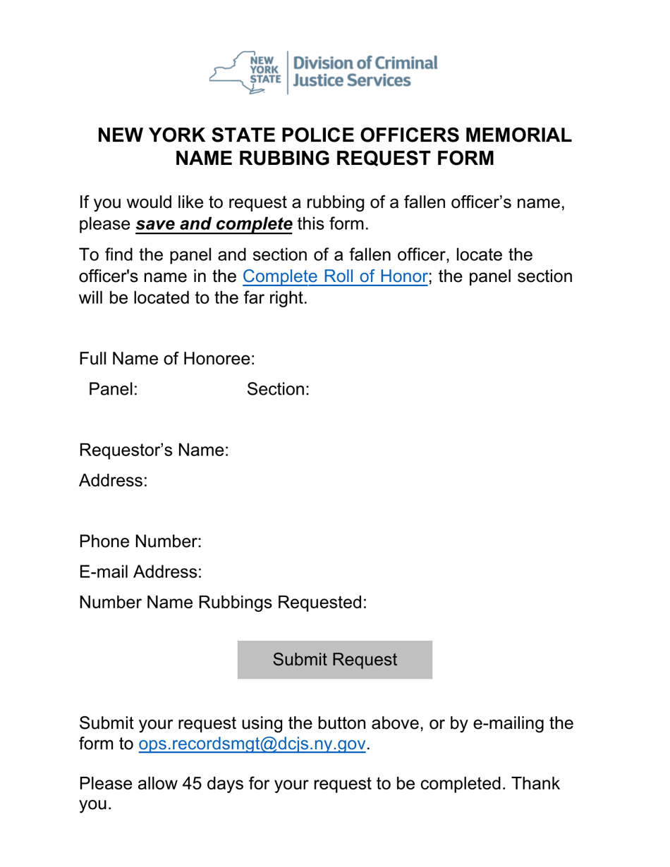 New York State Police Officers Memorial Name Rubbing Request Form - New York, Page 1