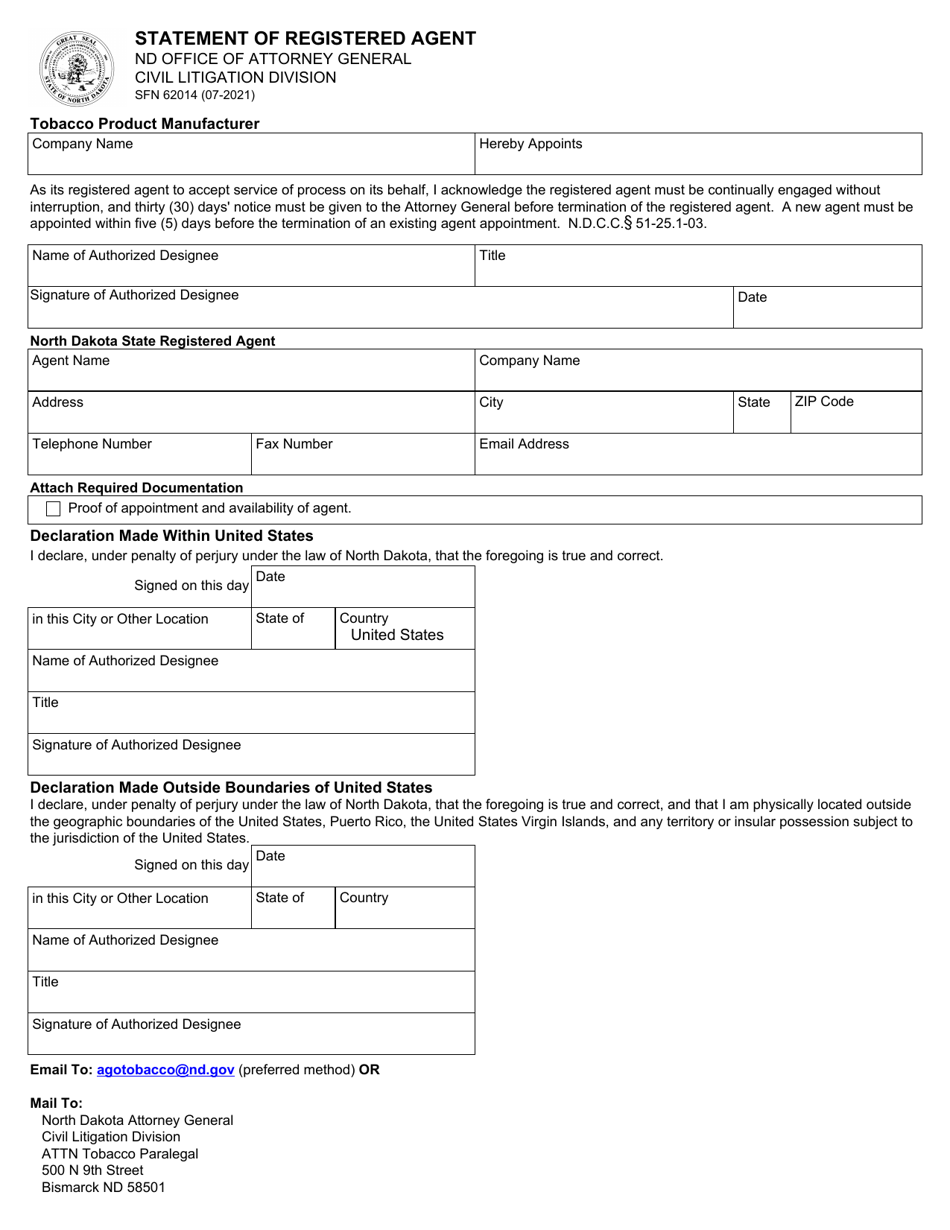 Form SFN62014 Statement of Registered Agent - North Dakota, Page 1