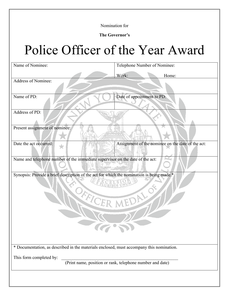 Police Officer of the Year Award Nomination Form - New York, Page 1