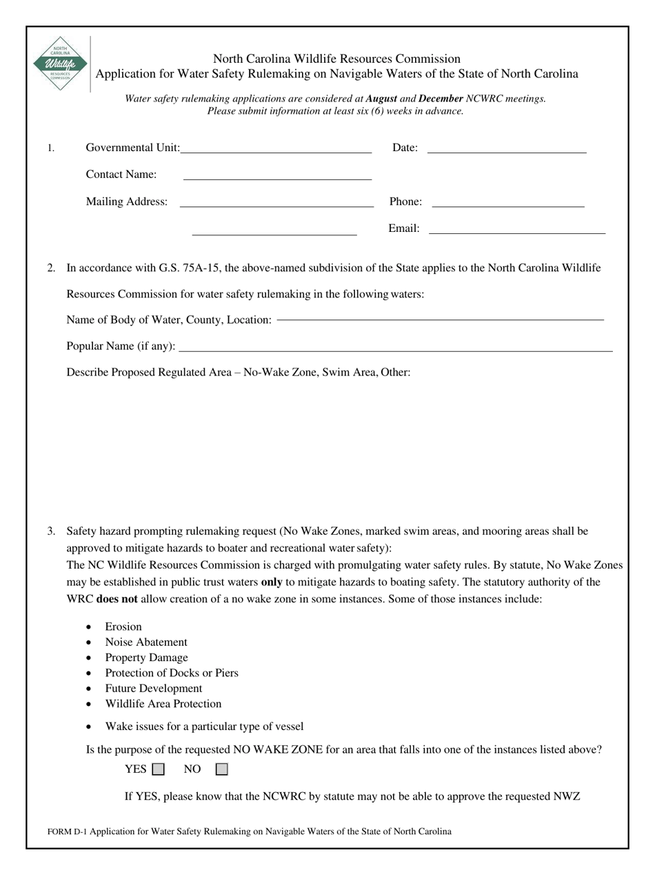 Form D-1 Application for Water Safety Rulemaking on Navigable Waters of the State of North Carolina - North Carolina, Page 1