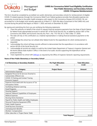 Document preview: CARES Act Coronavirus Relief Fund Eligibility Certification - Non-public Elementary and Secondary Schools Covid-19 Expense Reimbursement - North Dakota