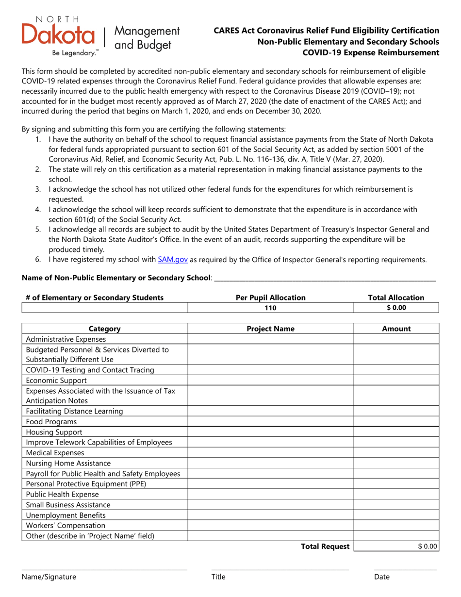 CARES Act Coronavirus Relief Fund Eligibility Certification - Non-public Elementary and Secondary Schools Covid-19 Expense Reimbursement - North Dakota, Page 1