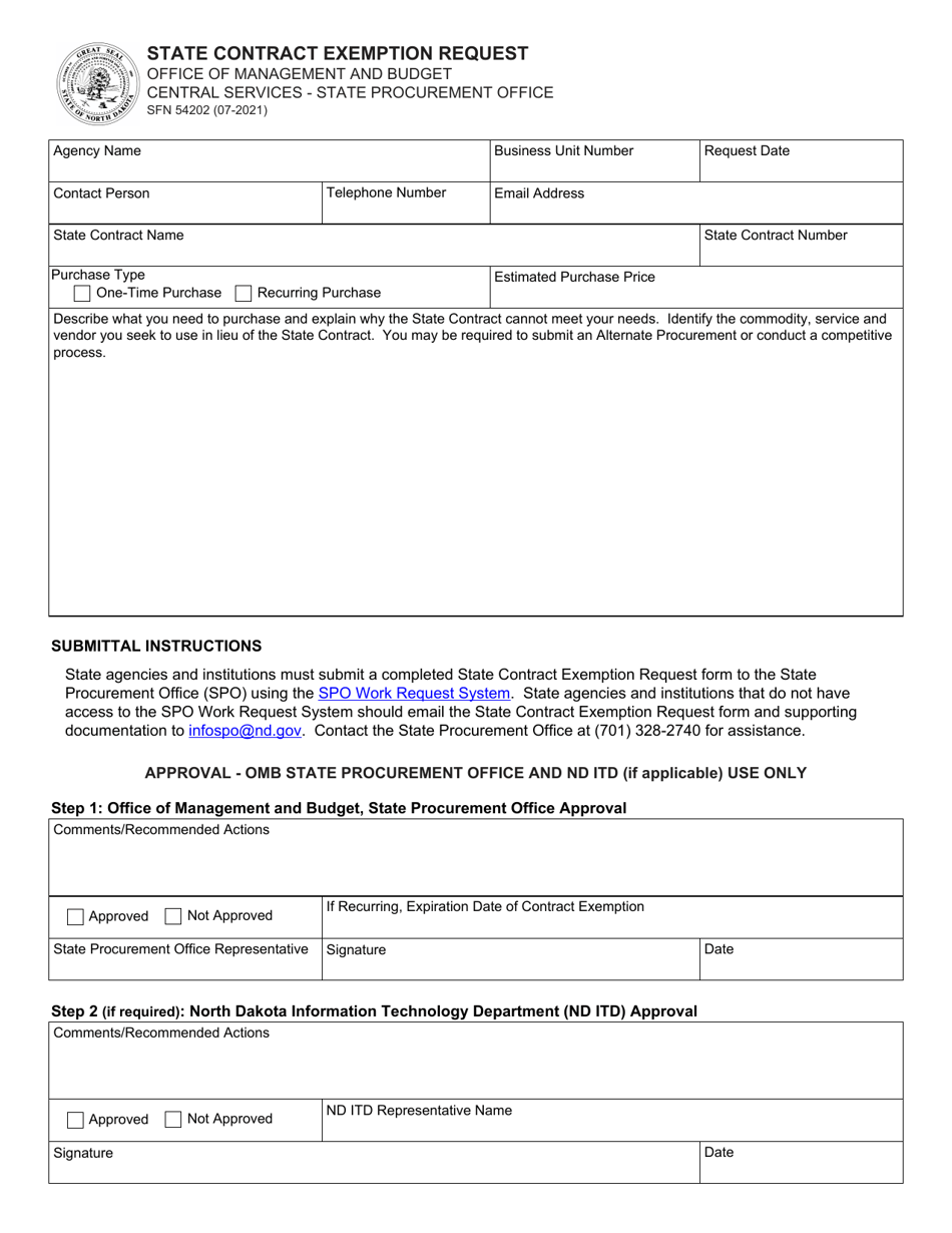 Form SFN54202 State Contract Exemption Request - North Dakota, Page 1